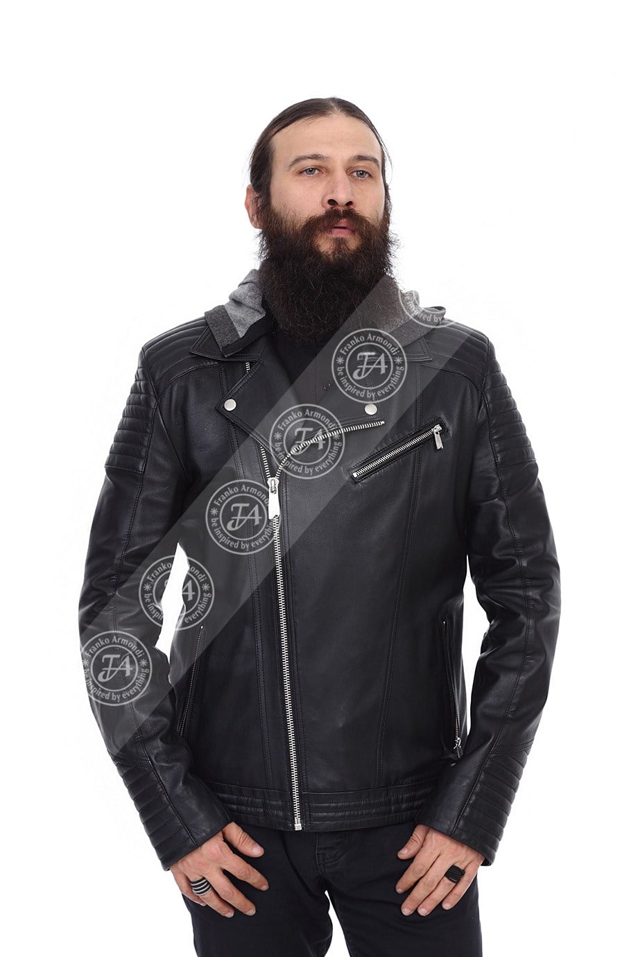 Erkek Gerçek Deri Spor Biker Mont Kapşonlu Siyah K-833 DAVUL-17758 FA2