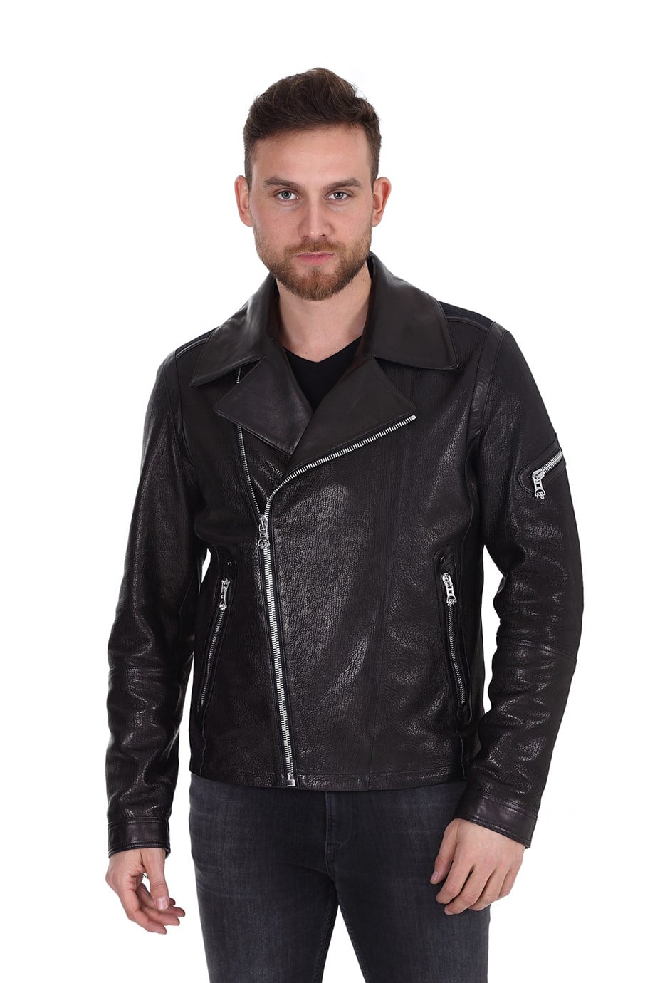 Erkek Gerçek Deri Spor Biker Mont Siyah K-1403-19575 FA1