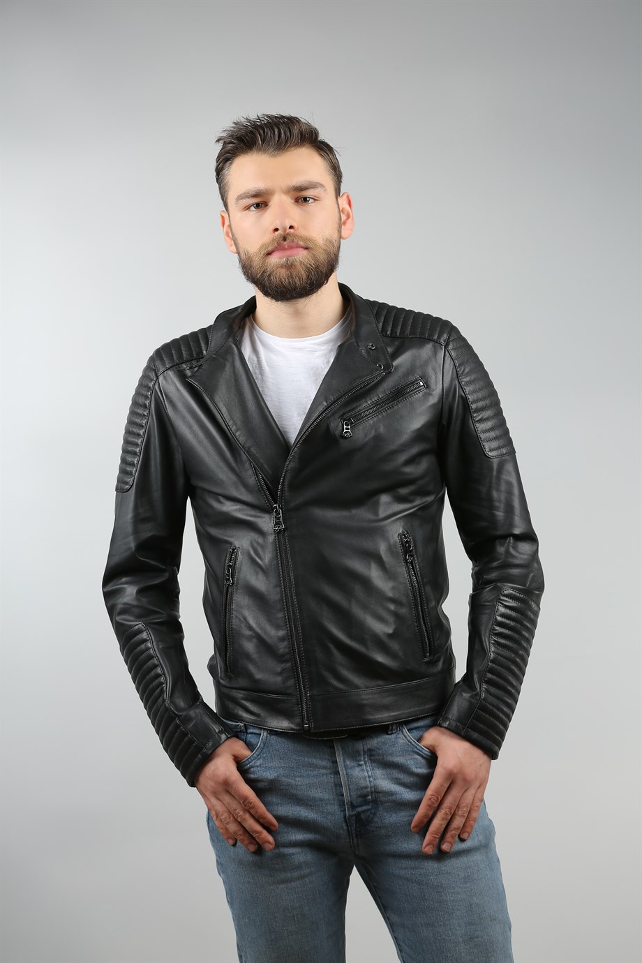 Erkek Gerçek Deri Spor Biker Mont Siyah K-372-16670 FA1