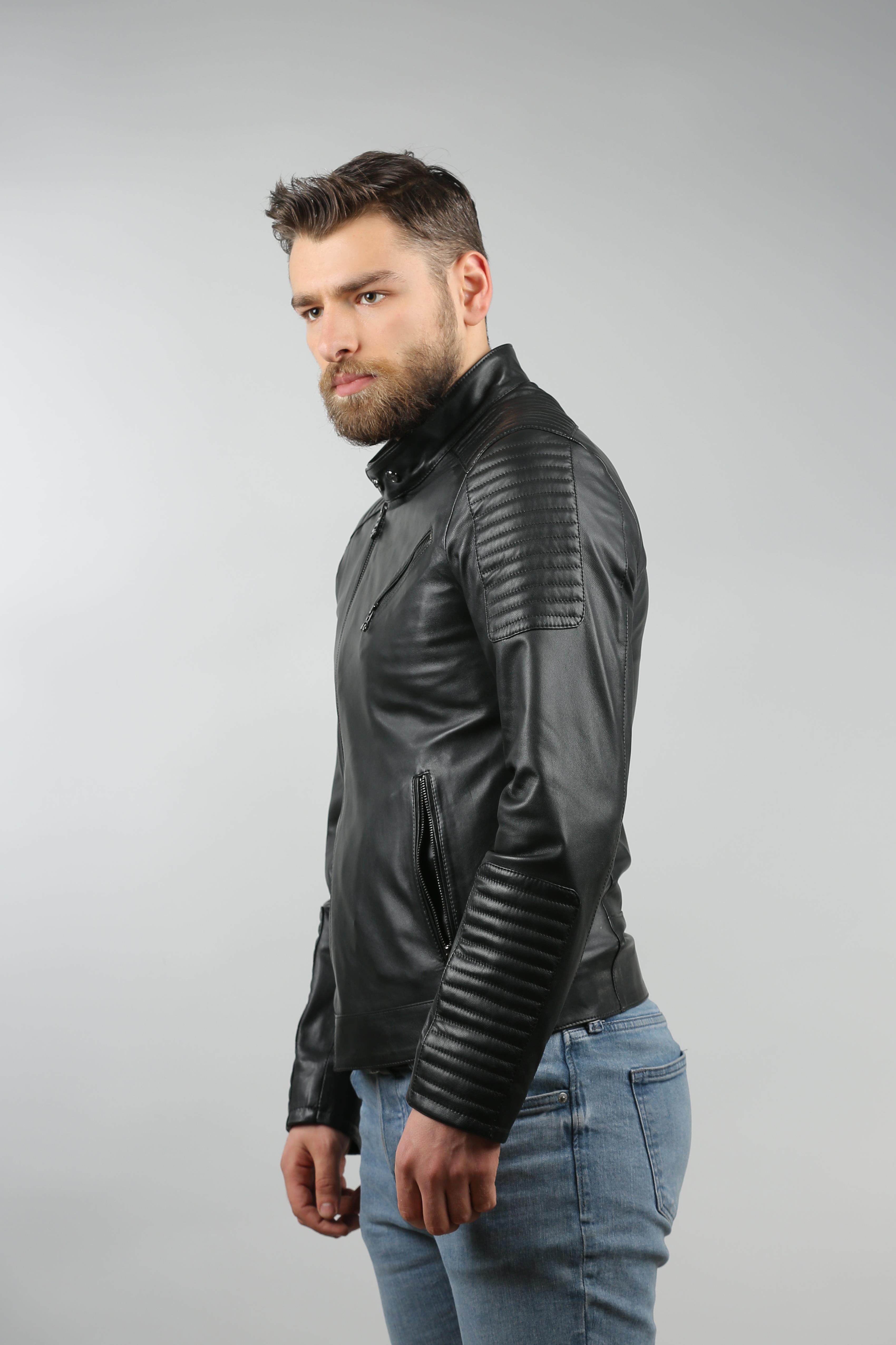 Erkek Gerçek Deri Spor Biker Mont Siyah K-372-16670 FA1