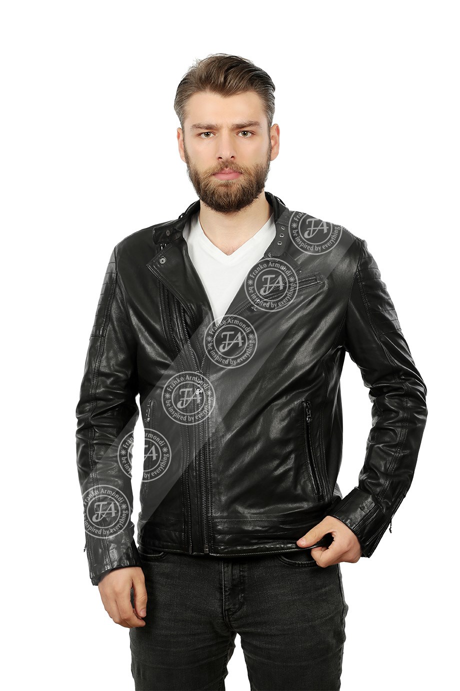 Erkek Gerçek Deri Spor Biker Mont Siyah K-1208-19097