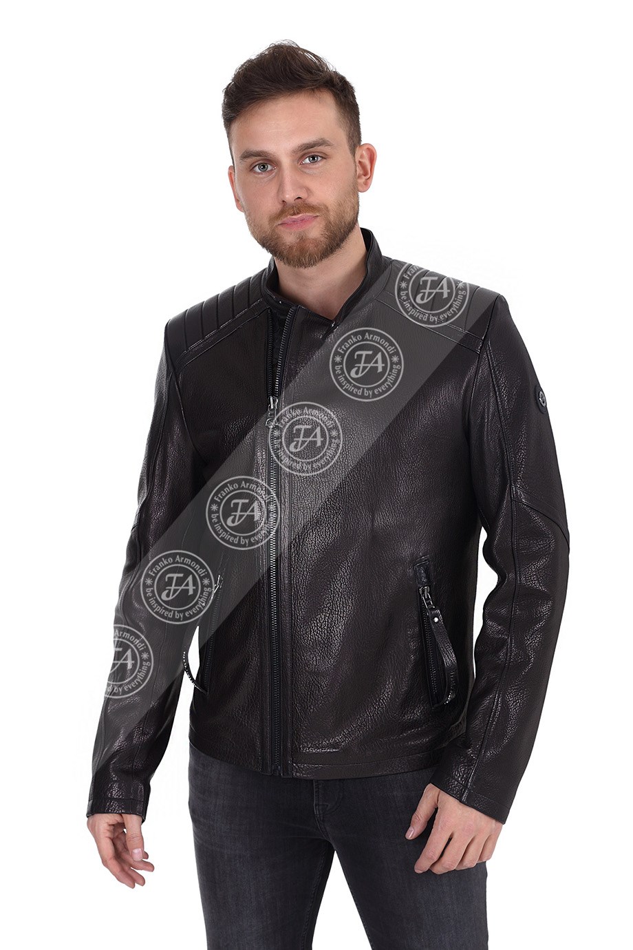 Erkek Gerçek Deri Spor Biker Mont Siyah K-1393-19530