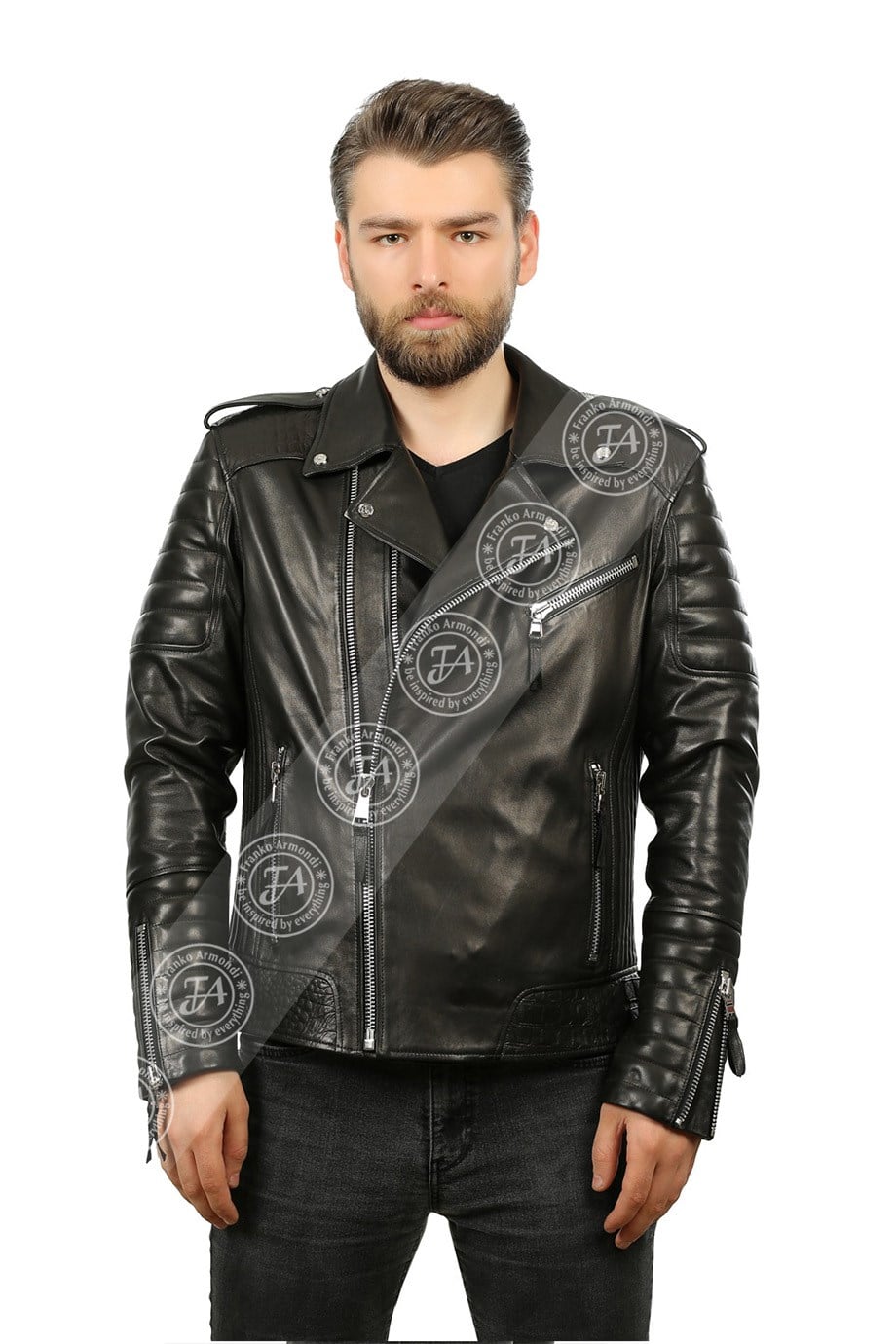 Erkek Gerçek Deri Spor Biker Mont Siyah K-1397-19501