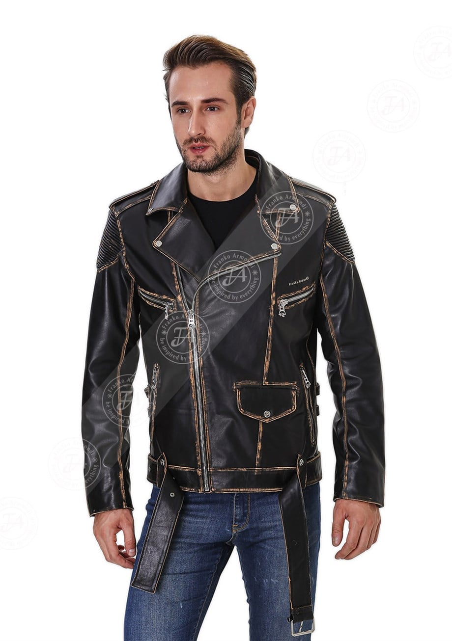 Erkek Gerçek Deri Spor Biker Vintage Mont Siyah K-1560-19938 FA4