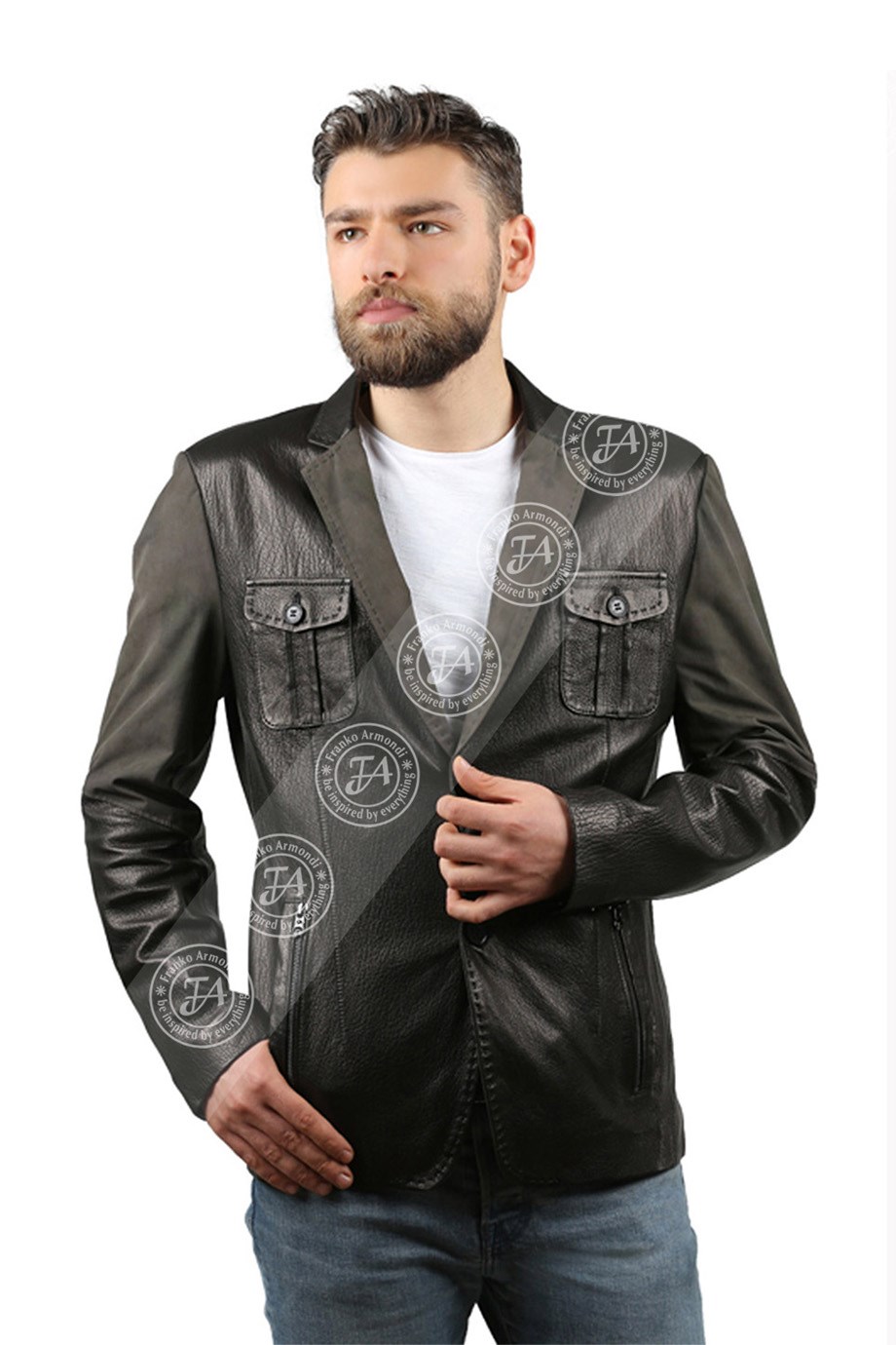 Erkek Gerçek Deri Spor Blazer Slim Fit Punto Kumaş Kamuflaj Siyah  BLZ-958-18209