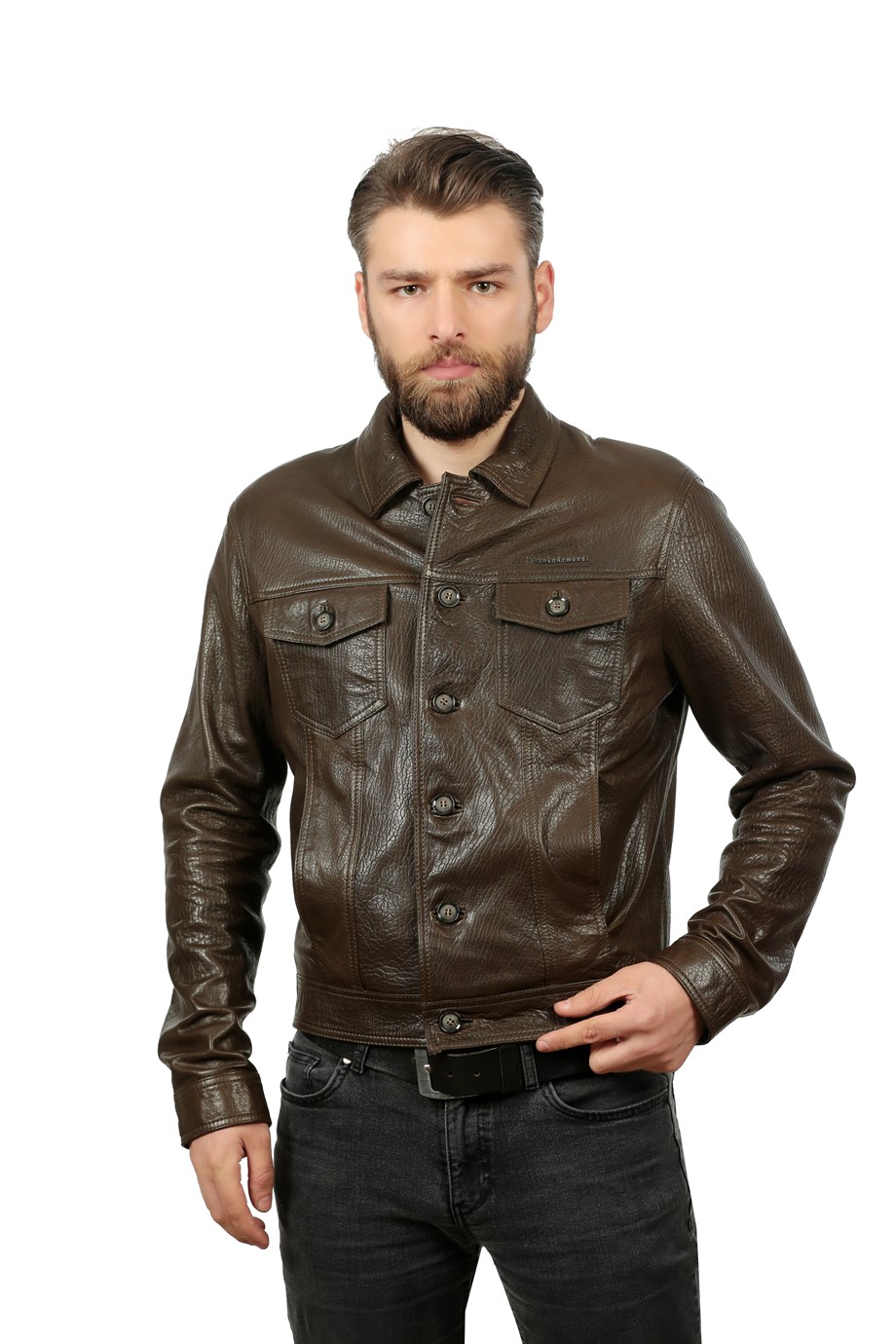 Erkek Gerçek Deri Spor Ceket Düğmeli Haki K-899-18520 FA1