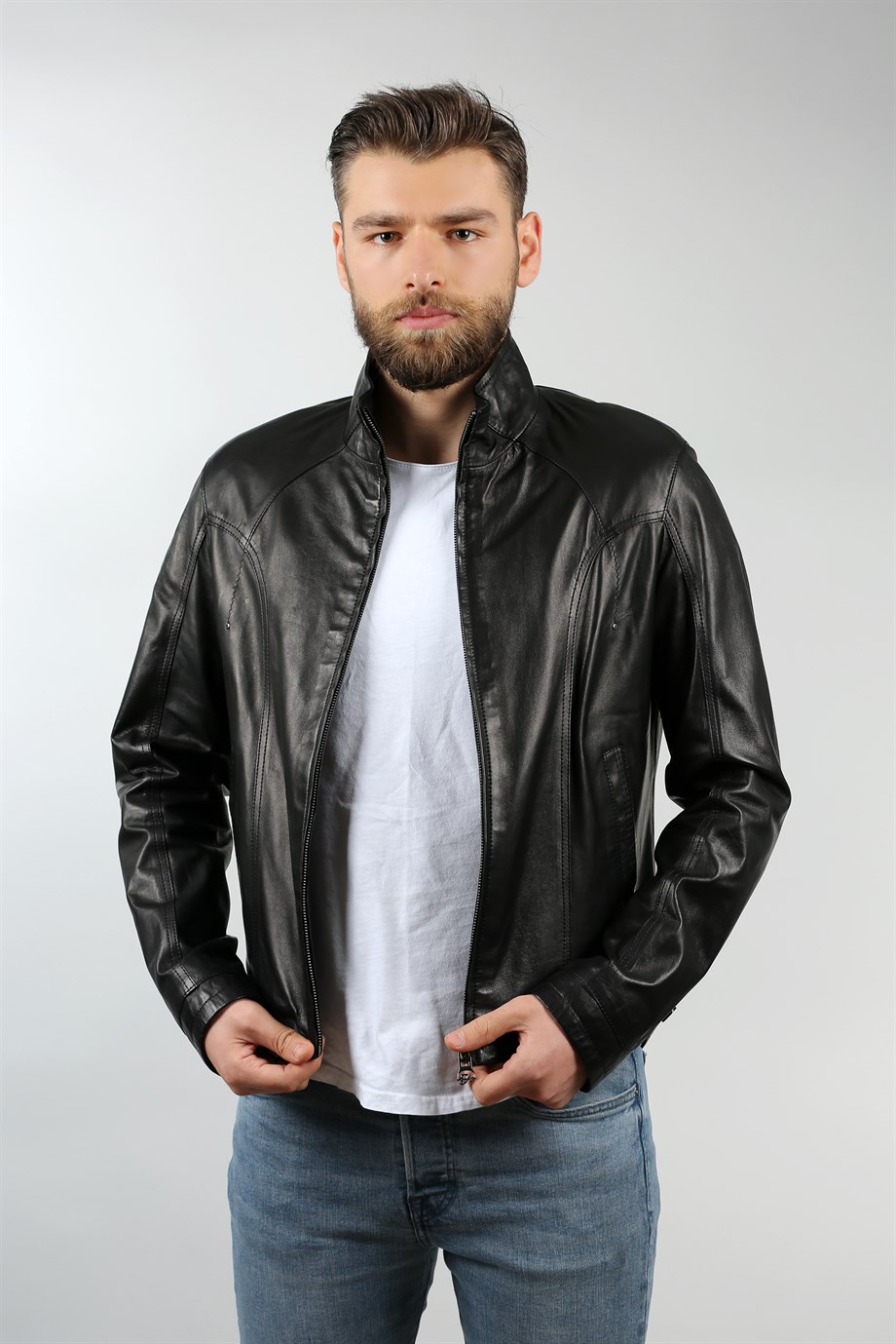 Erkek Gerçek Deri Spor Fermuarlı Mont Siyah K-1045-18530 FA1