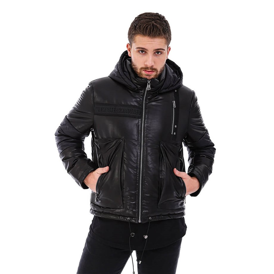 Erkek Gerçek Deri Spor Kapşonlu Mont Siyah K-1535 KISA-20081 FA5