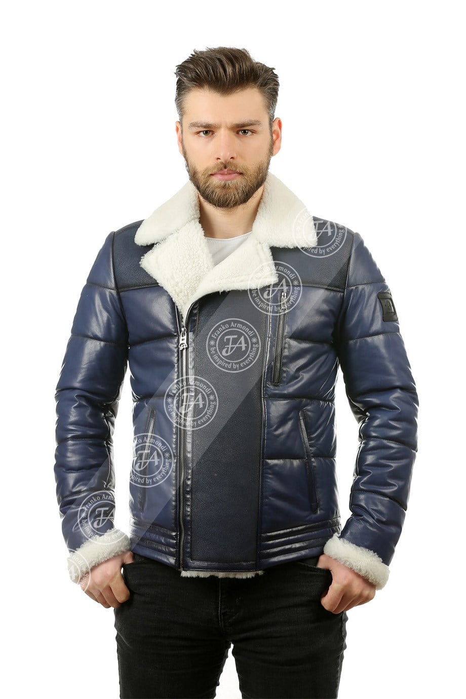 Erkek Gerçek Deri Spor Kışlık Biker Mont Şişme Kürk Mavi Lacivert MK-1198-19101