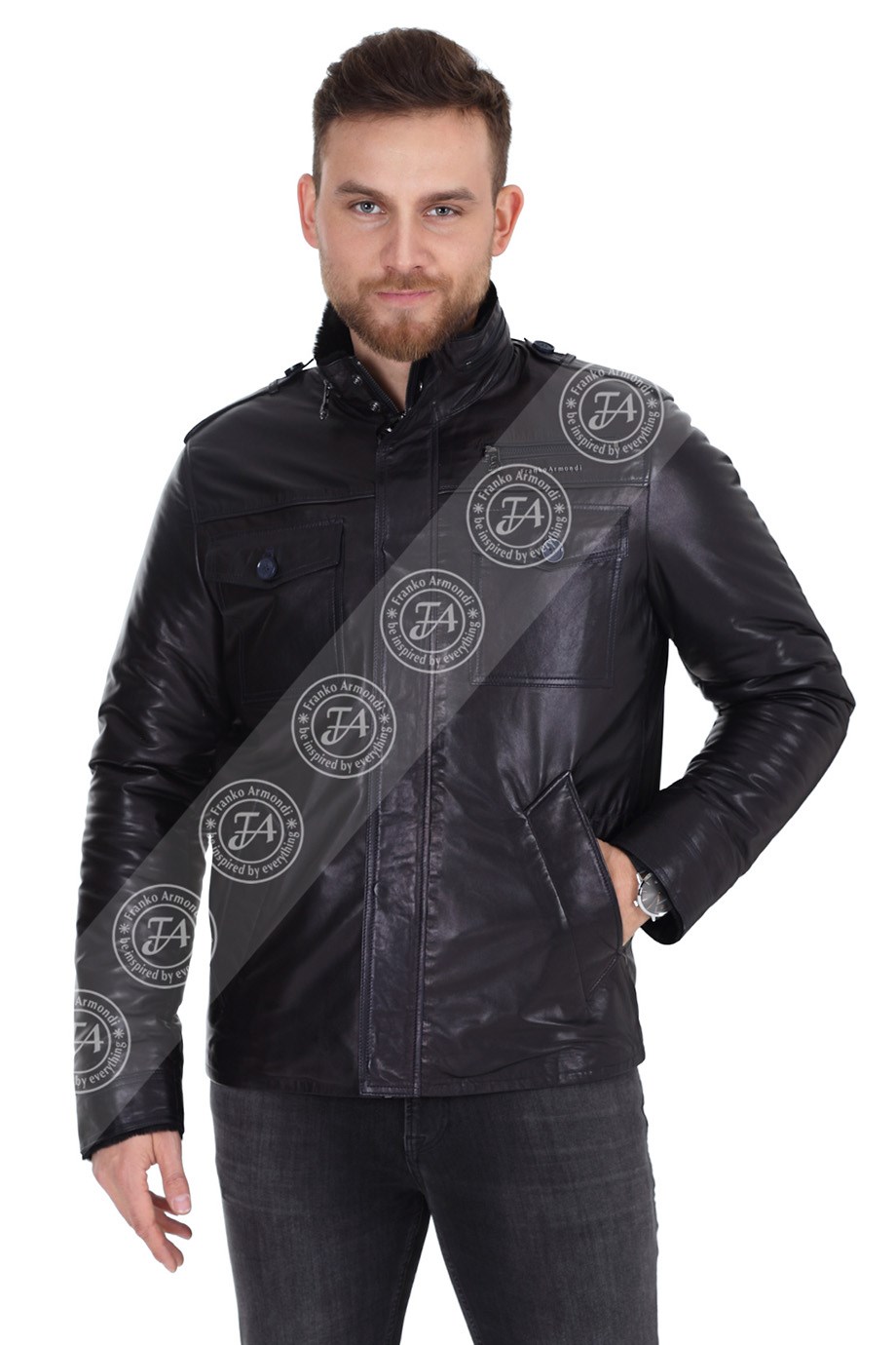 Erkek Gerçek Deri Spor Kışlık Mont İçi Kürklü Lacivert K-1076-19204