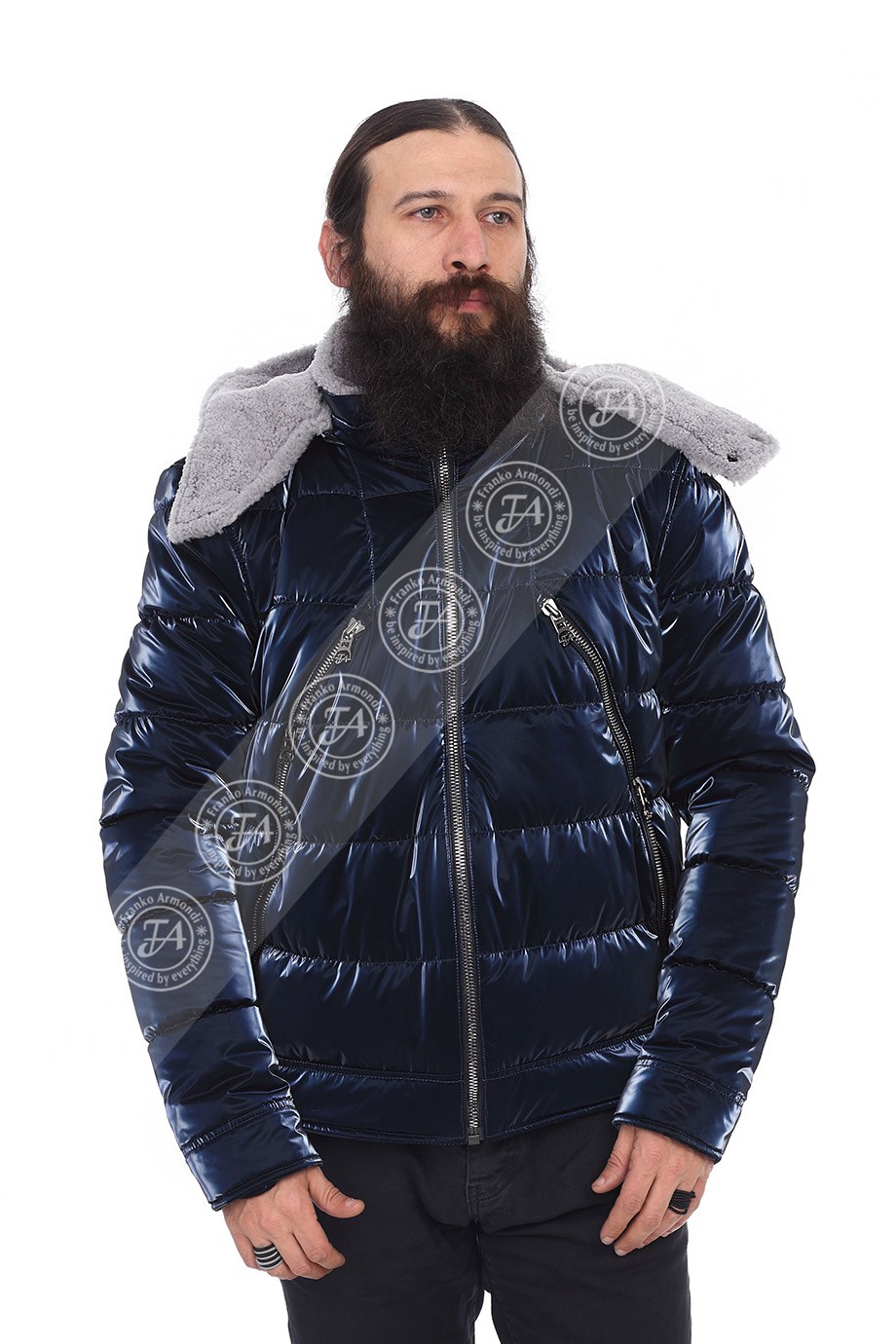 Erkek Gerçek Deri Spor Kışlık Mont Kapşonlu Su Geçirmez Kumaş Beli Lastikli Astragan Lacivert K-1517-19820 FA2