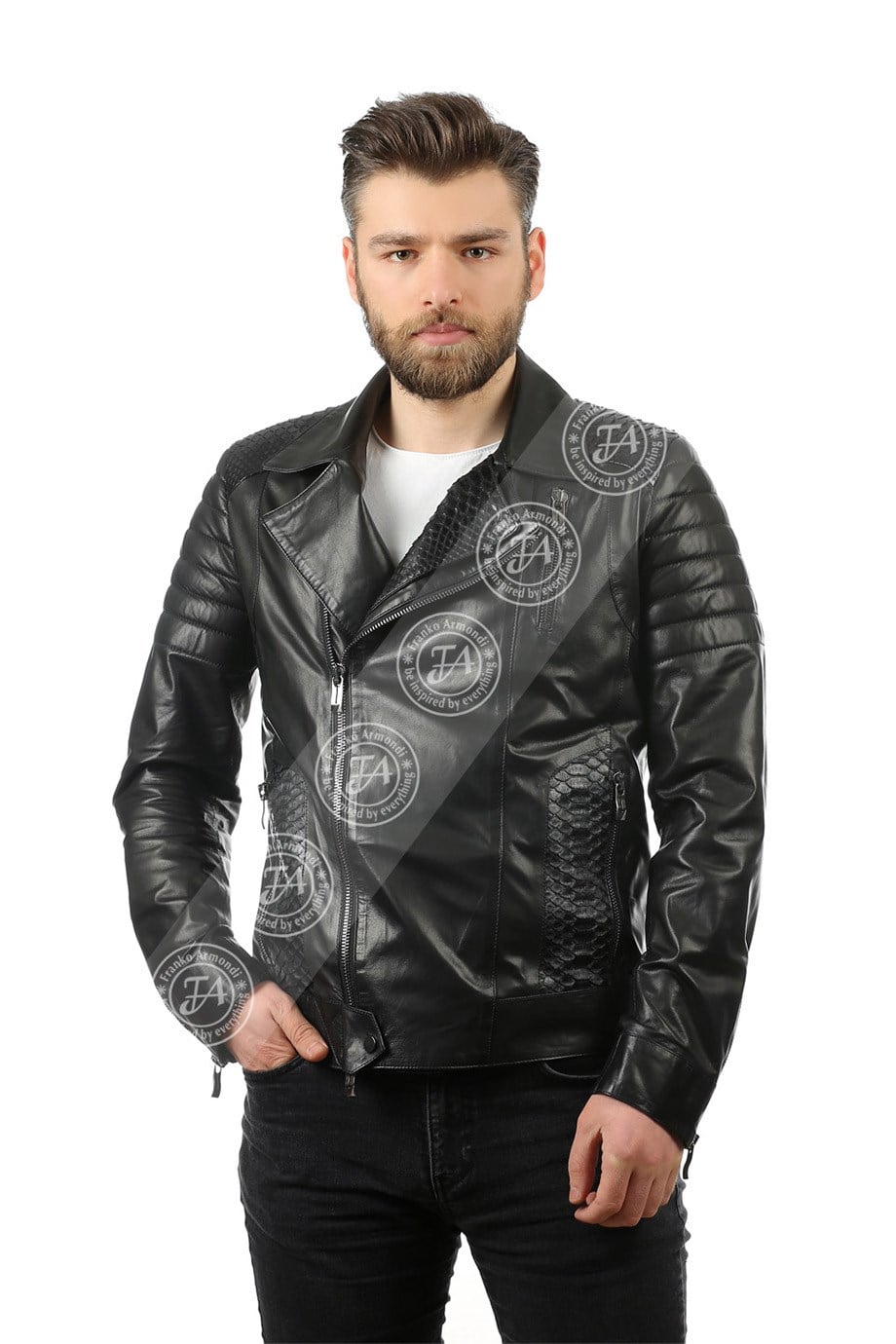 Erkek Gerçek Deri Spor Luxury Biker Mont Piton Siyah YK-1225-19114