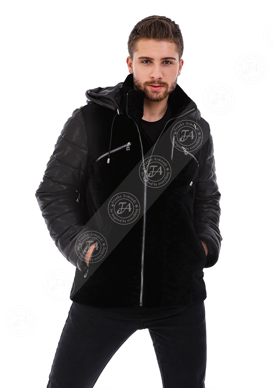 Erkek Gerçek Deri Spor Luxury Kapşonlu Mont Siyah K-1588-20125 FA5