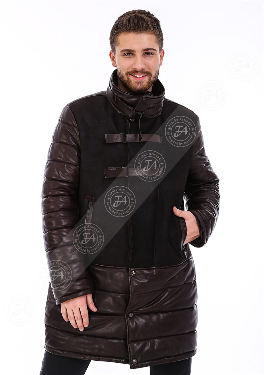 Erkek Gerçek Deri Spor Luxury Kışlık Kaban Kahve K-1589-20089 FA5