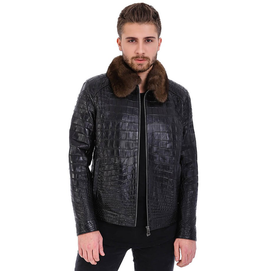 Erkek Gerçek Deri Spor Luxury Kroko Ceket Siyah K-990-18479 FA5