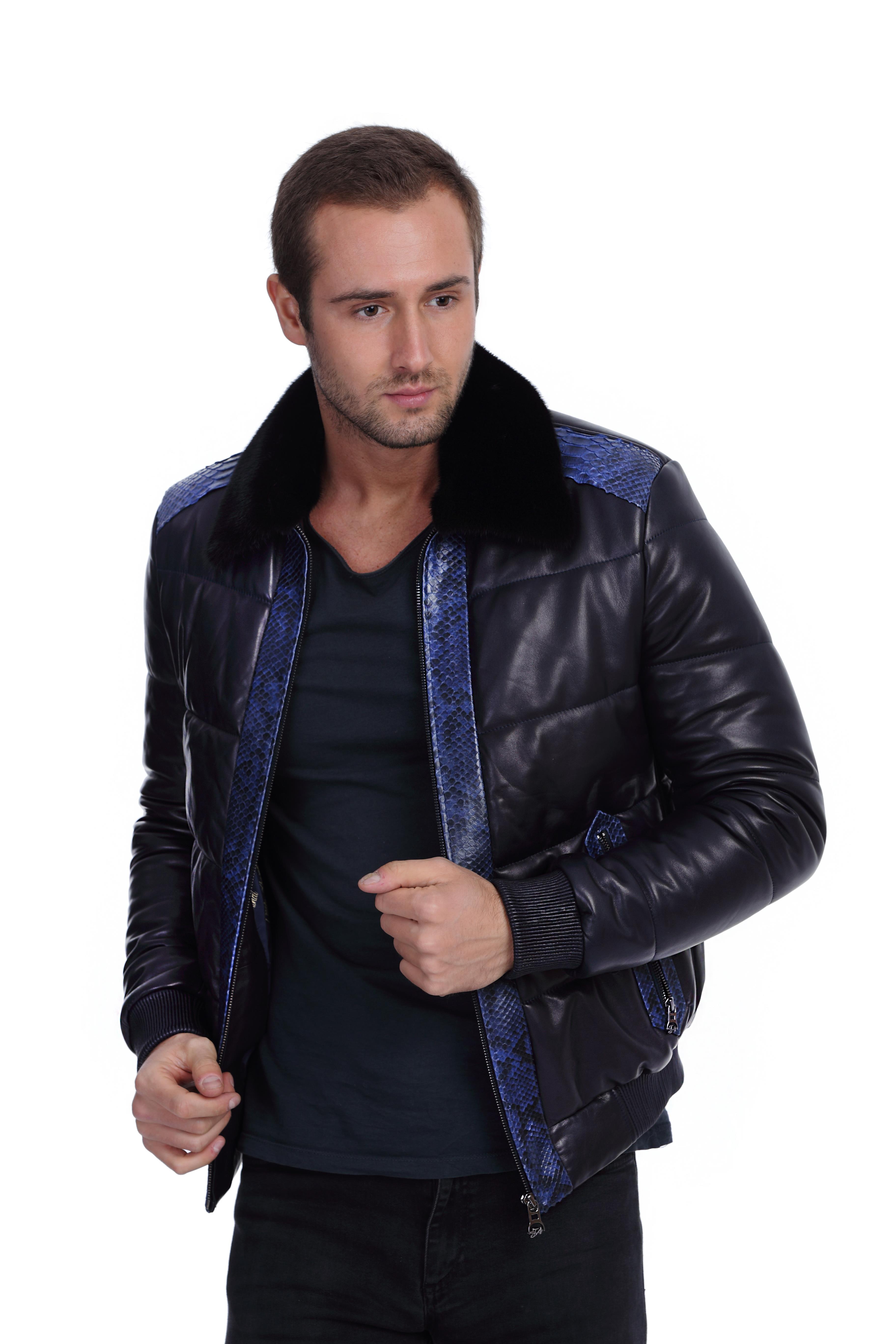 Erkek Gerçek Deri  Spor Luxury Mont Beli Lastikli Şişme   lacivert KLJ-1454-19670 FA2