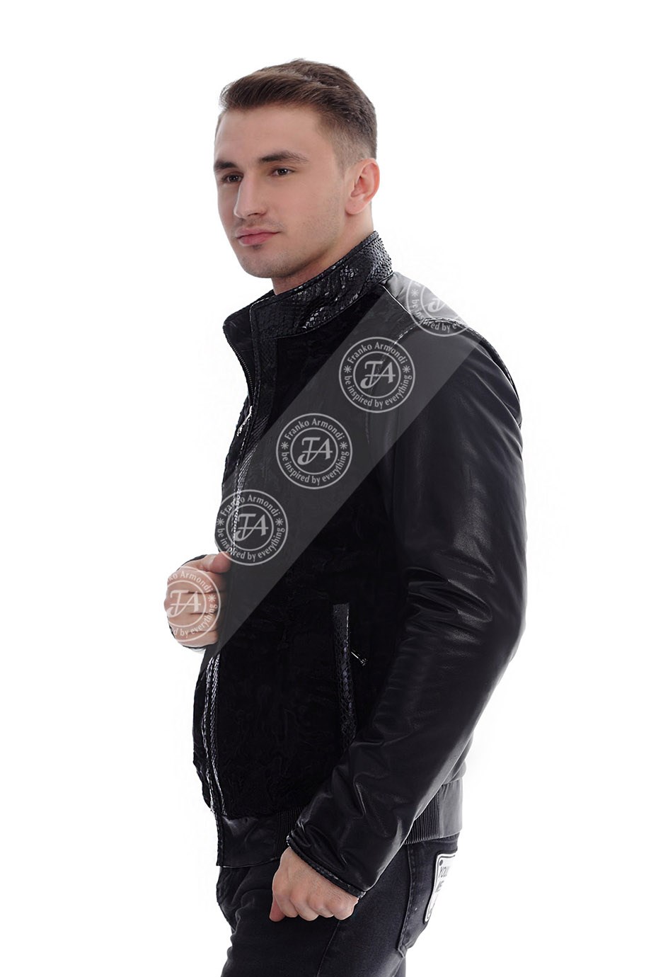 Men's Genuine Leather Sport Luxury Jacket Drop Sleeve Swakara Python Black  K-1024-19671 FA1