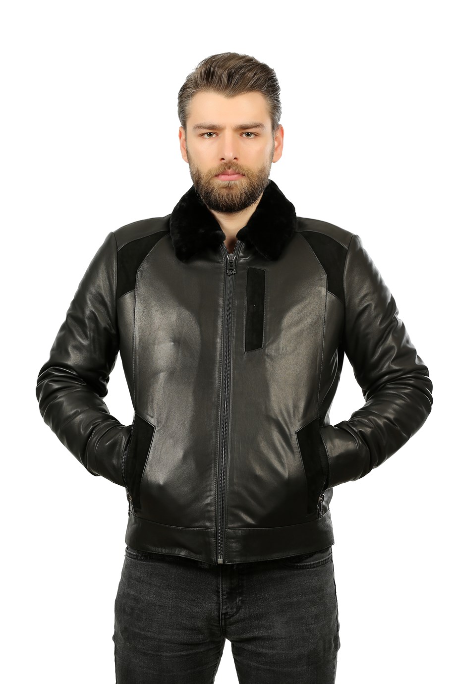Erkek Gerçek Deri Spor Luxury Mont Kışlık İçlik Siyah YK-1384-19490 FA1