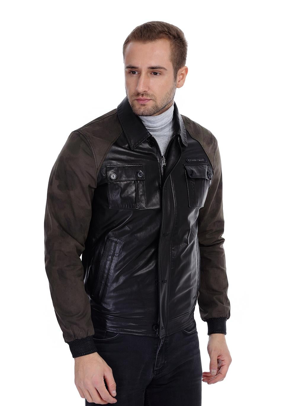 Erkek Gerçek Deri Spor Mont Beli Lastikli Kamuflaj Kumaş Siyah K-962-18220 FA1