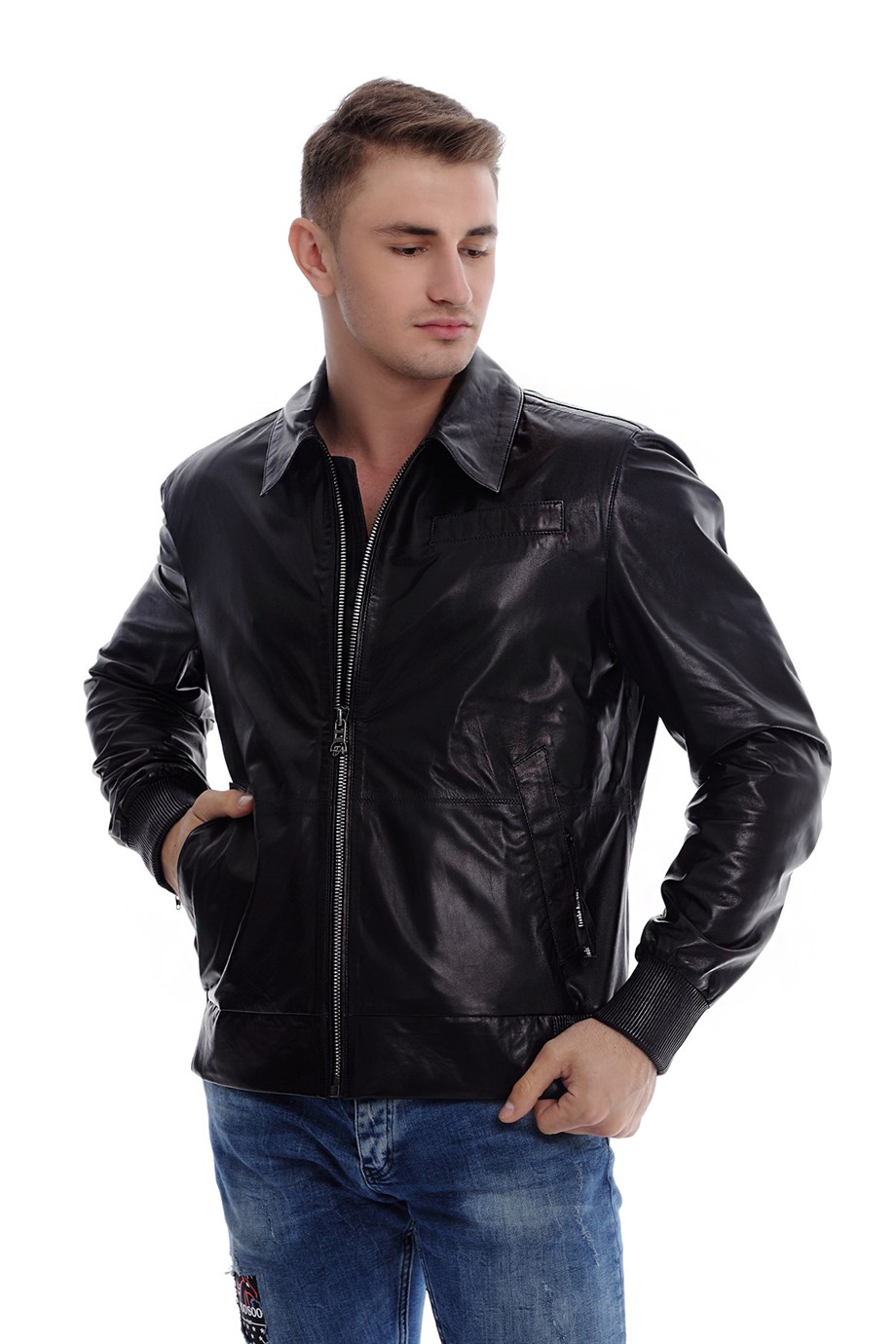 Erkek Gerçek Deri Spor Mont Beli Lastikli Siyah K-1361-19646 FA1