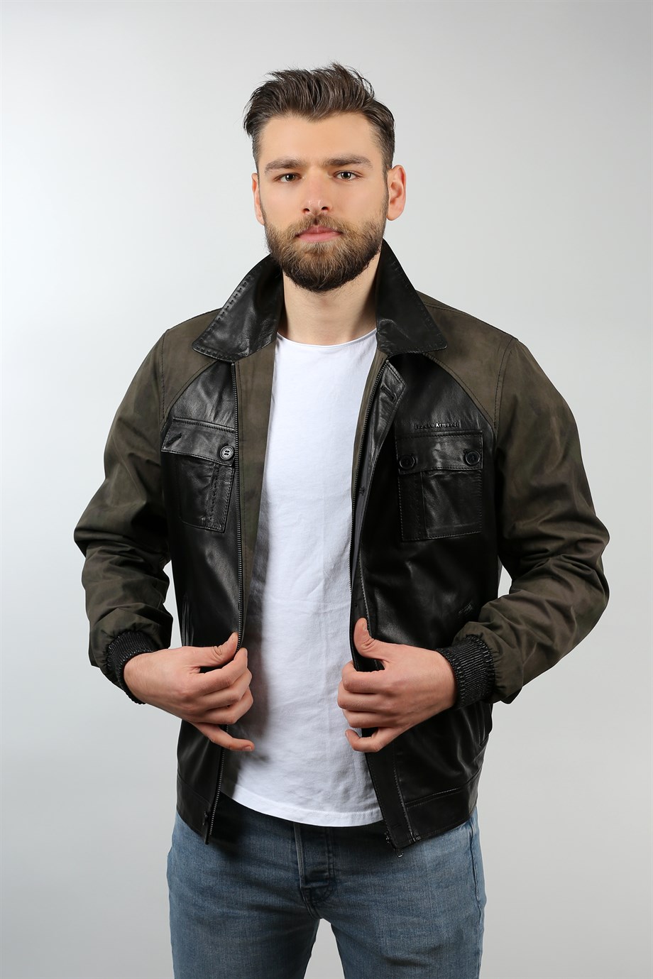 Erkek Gerçek Deri Spor Mont Beli Lastikli Kamuflaj Kumaş Siyah K-962-18220 FA1