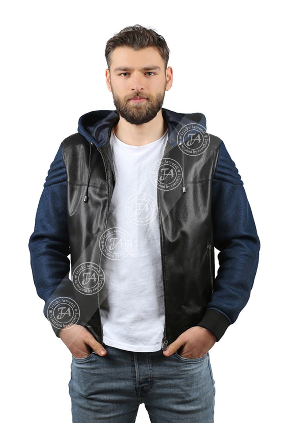 Men's Genuine Leather Classic Coat Navy Blue K-635-17308