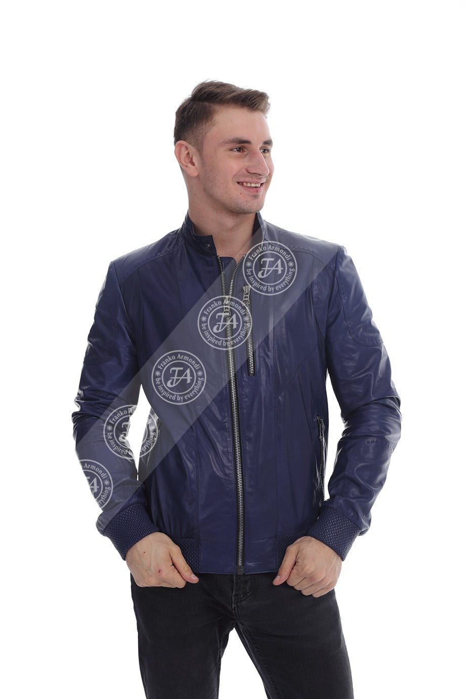 Men's Genuine Leather Classic Coat Elastic Waist Black Navy K-986-19647