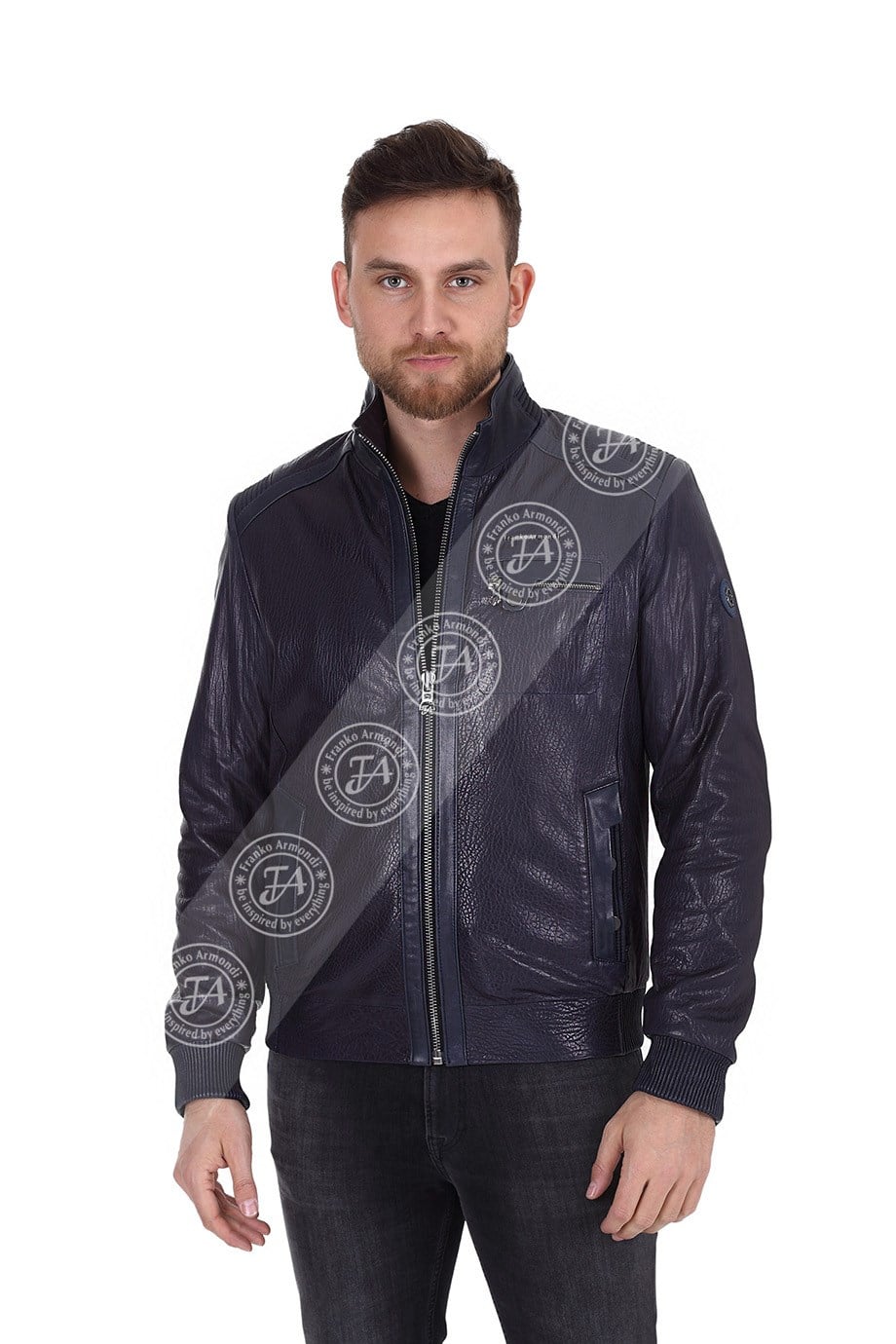 Erkek Gerçek Deri Spor Mont Beli Lastikli Lacivert K-1400-19573