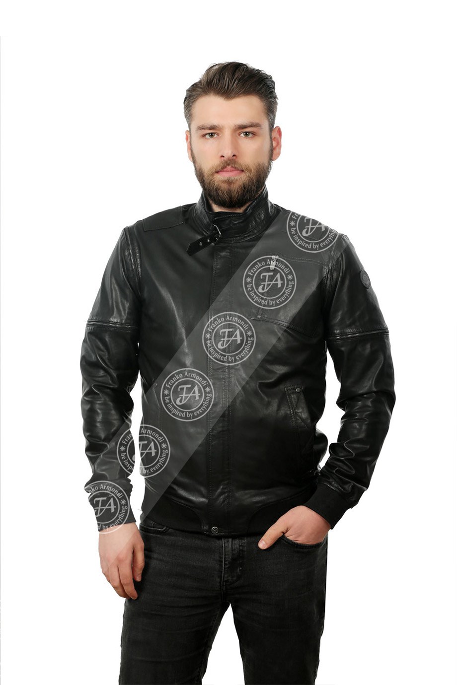 Erkek Gerçek Deri Spor Mont Çıkma Kol Beli Lastikli Siyah K-1347-19393