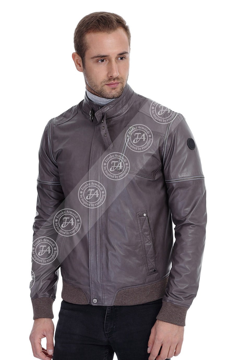 Erkek Gerçek Deri Spor Mont Çıkma Kol Beli Lastikli Gri K-1347-19391