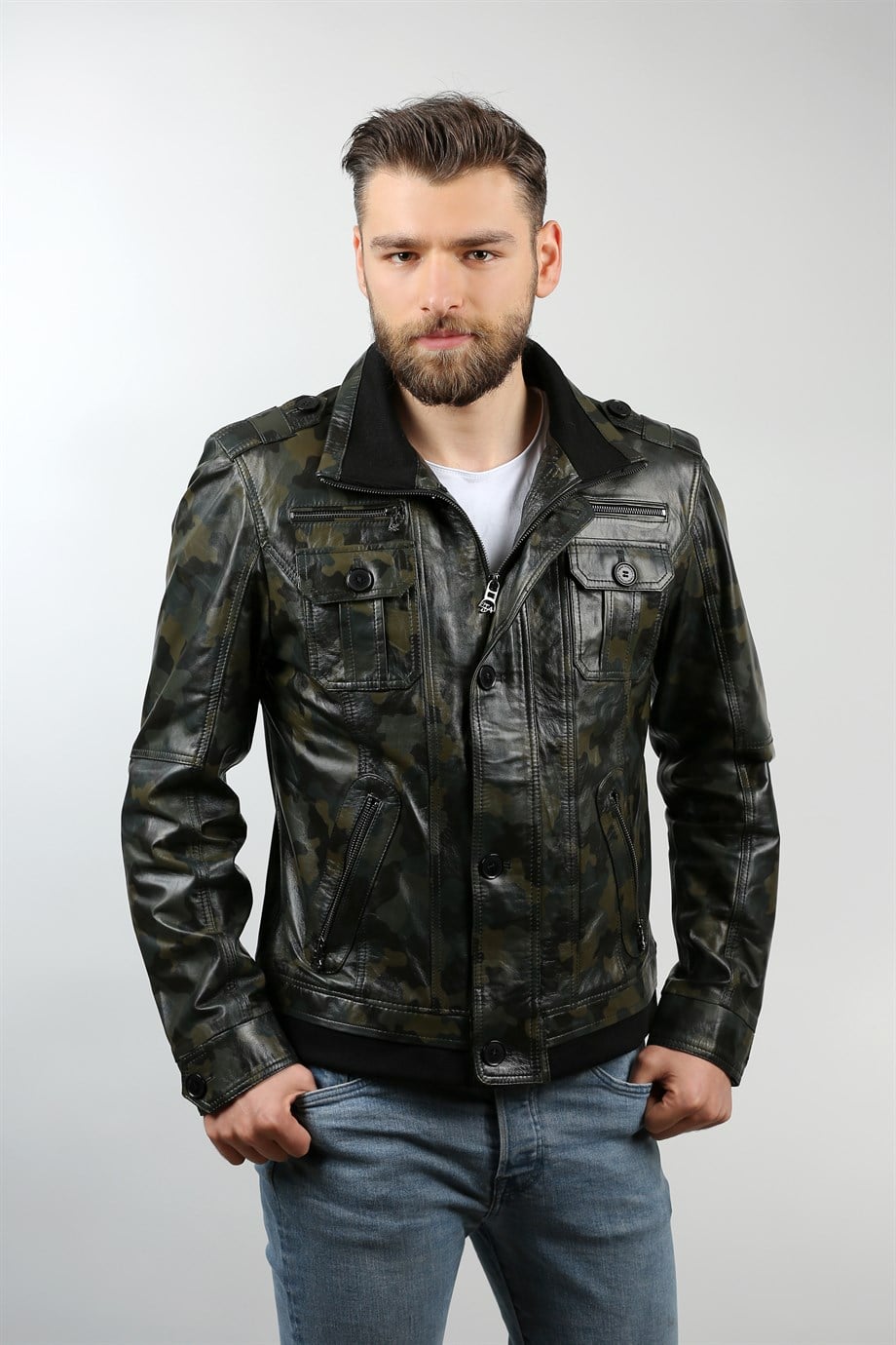 Erkek Gerçek Deri Spor Mont Kamuflaj Deri Yeşil K-295-18006 FA1