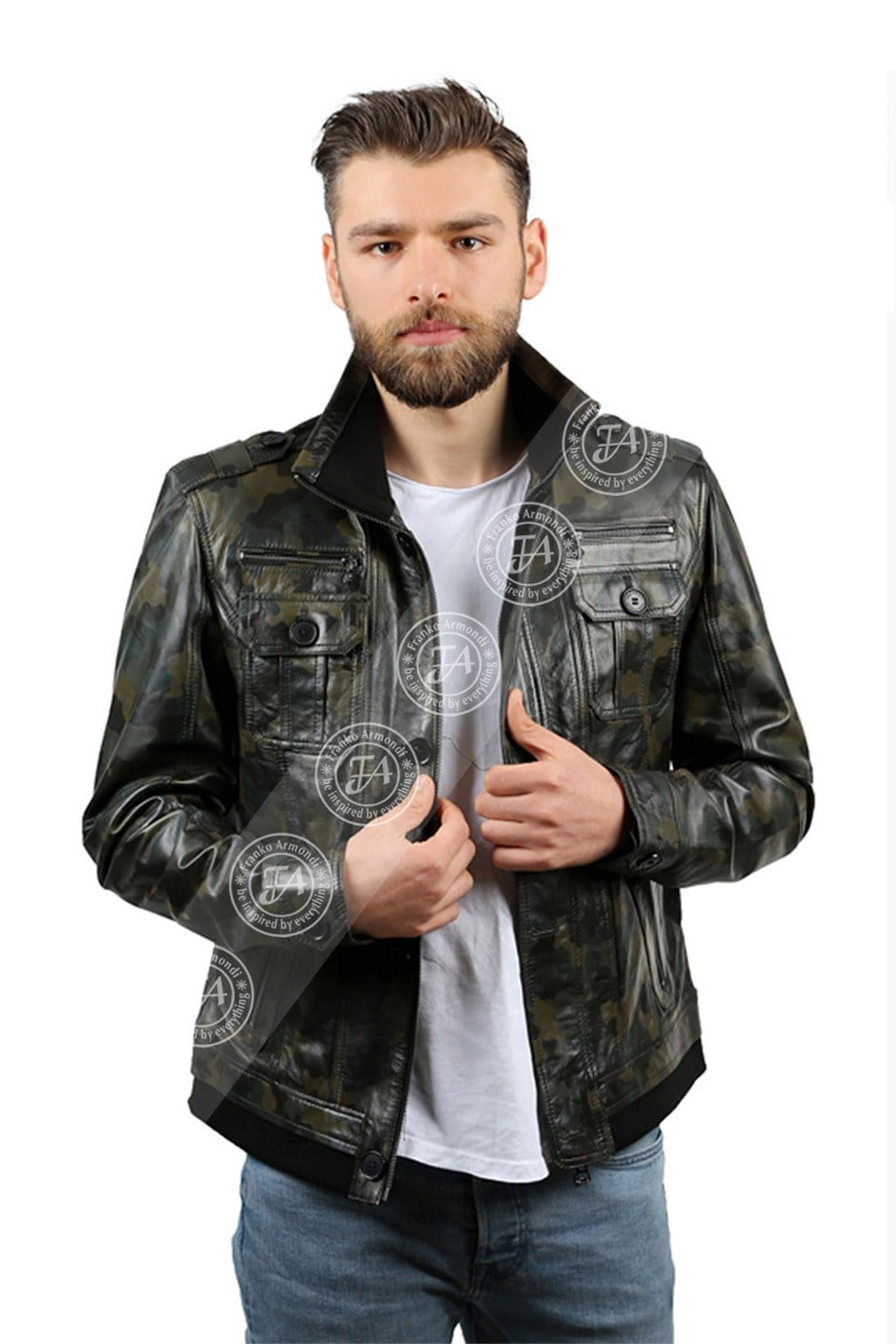 Erkek Gerçek Deri Spor Mont Kamuflaj Deri Yeşil K-295-18006