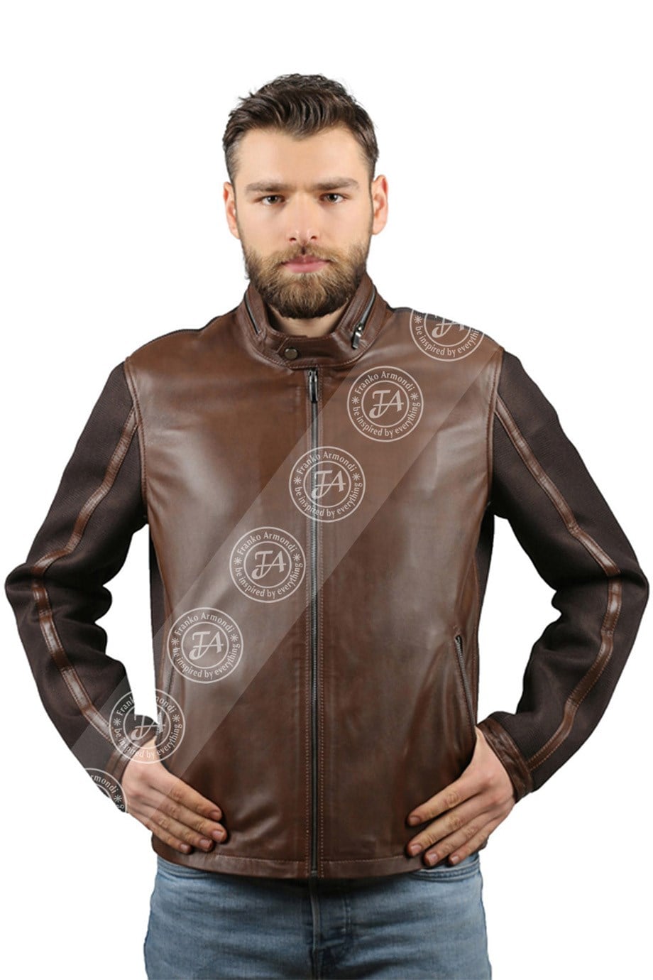 Men's Genuine Leather Sport Jacket Elastic Waist Scuba Brown K-696-17455