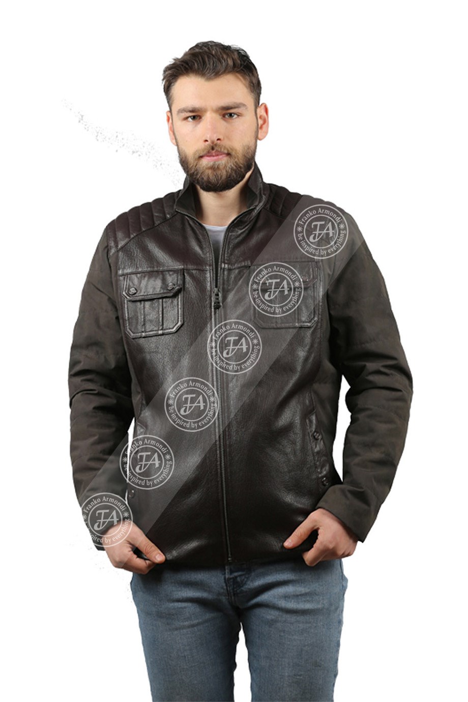 Erkek Gerçek Deri Spor Mont Su Geçirmez Kamuflaj Kumaş Kahve k-960-18212