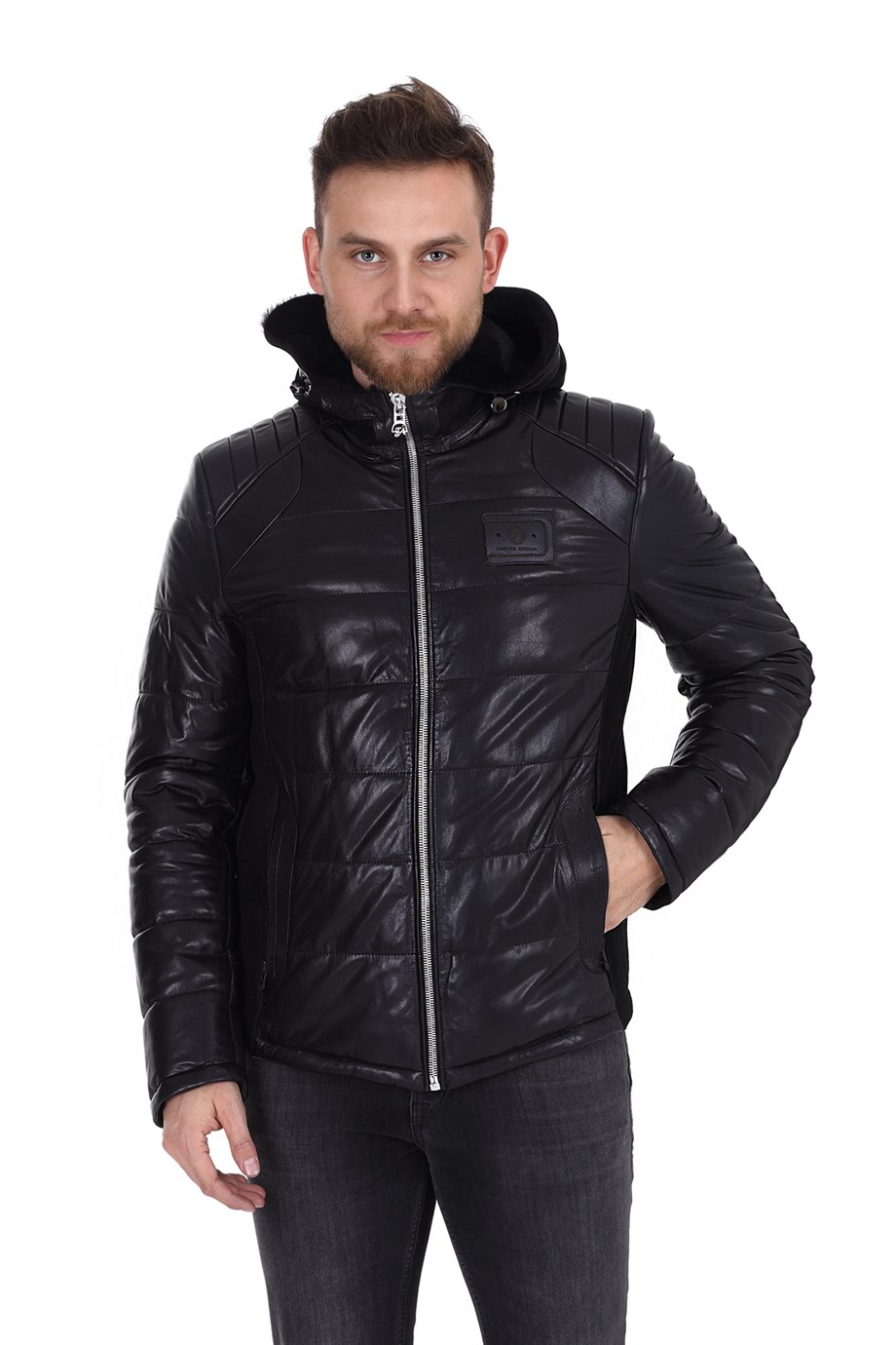 Erkek Gerçek Deri Spor Şişme Kışlık Mont Kapşonlu Siyah K-1199-19302 FA1