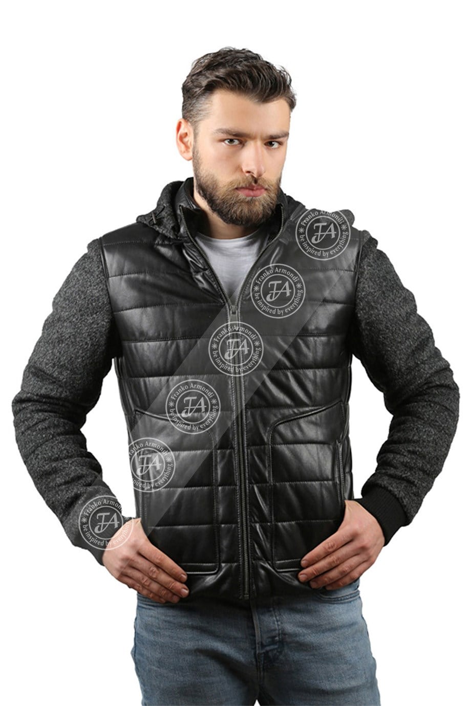 Erkek Gerçek Deri Spor Şişme Kışlık Mont Kapşonlu Kaşmir Siyah k-676-17325
