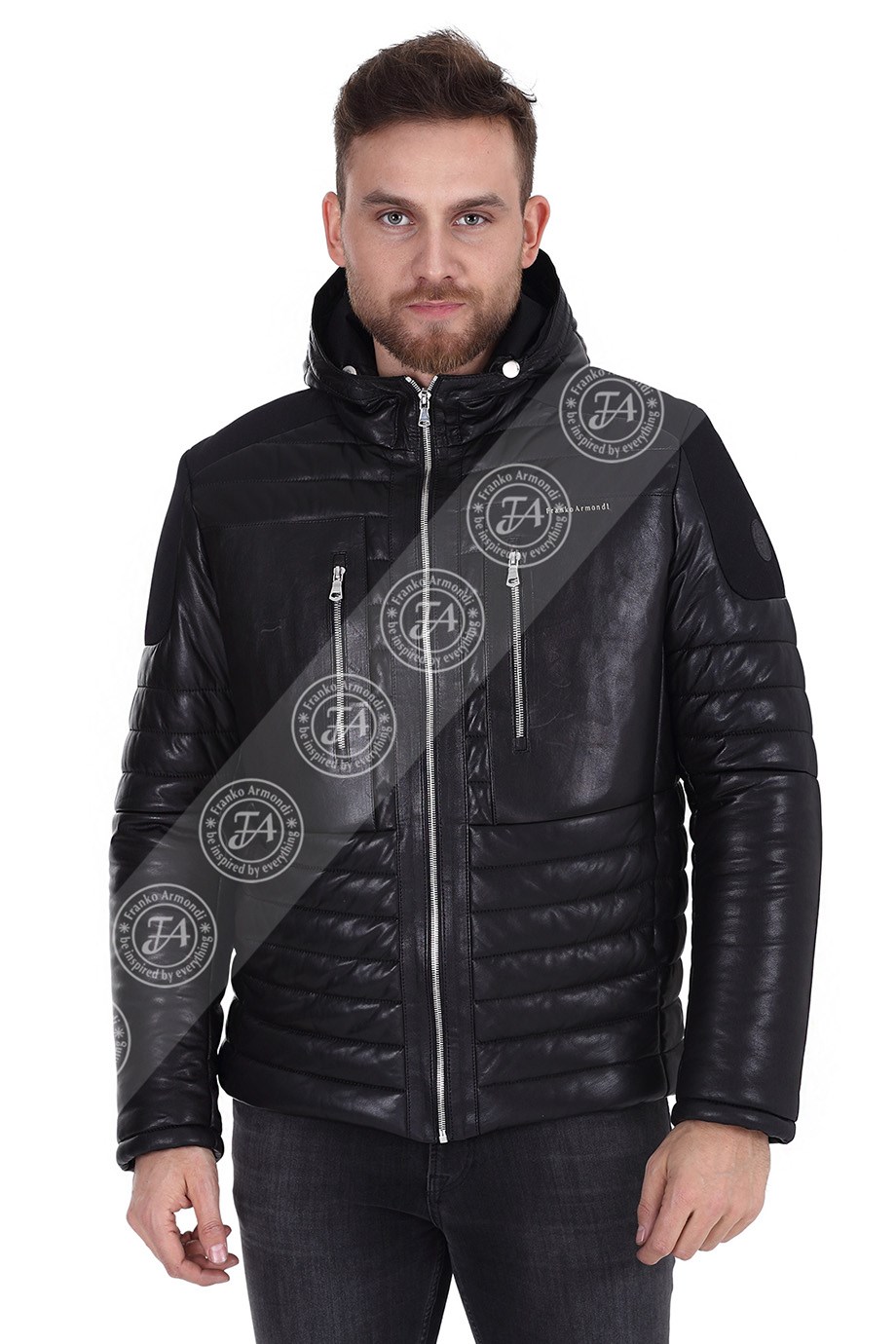 Erkek Gerçek Deri Spor Şişme Mont Kapşonlu Siyah K-1183-19181