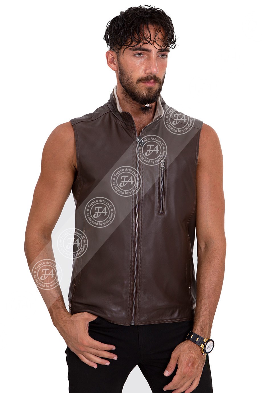Erkek Gerçek Deri Spor Yelek  Beli Lastikli Kahve YLK-868-17862 FA2