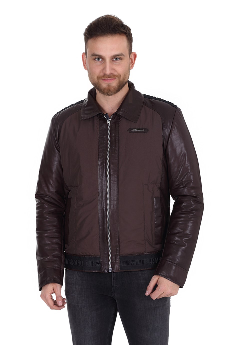 Erkek Gerçek Deri Su Geçirmez Kumaş Spor Mont Kahve Luxury EK-1422-19587 FA1