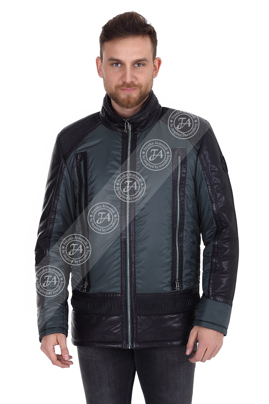 Erkek Gerçek Deri Su Geçirmez Kumaş Spor Mont Siyah Yeşil Luxury EK-1423-19590