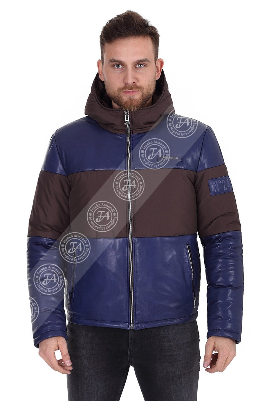 Erkek Gerçek Deri Su Geçirmez Kumaş Spor Kapşonlu Mont Lacivert Kahve Luxury EK-1425-19588