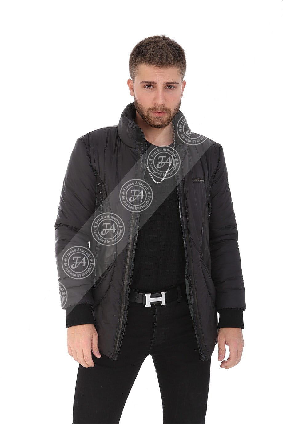 Erkek Gerçek Deri ve Su Geçirmez Kumaş Kışlık Spor Mont FA3  K-1599 - 20052 Siyah FA3