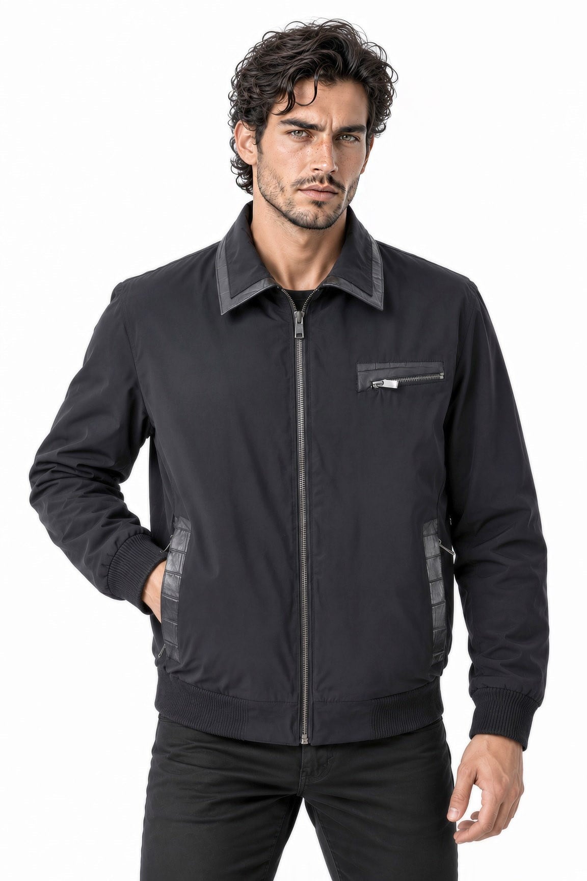 Erkek Mont - Code: 24366 - Yakası deri şeritli önü fermuarlı erkek lacivert mont)