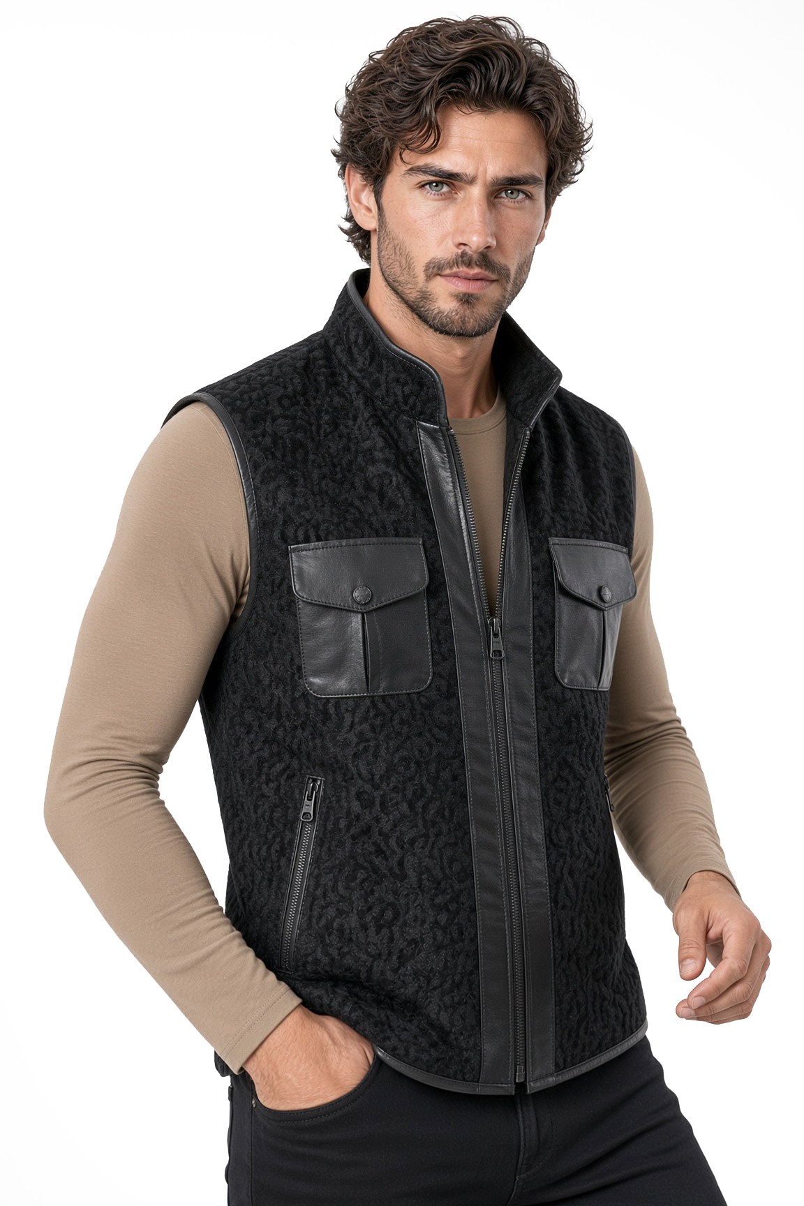 Erkek yelek dik yakalı deri detaylı fermuarlı.Code:23928