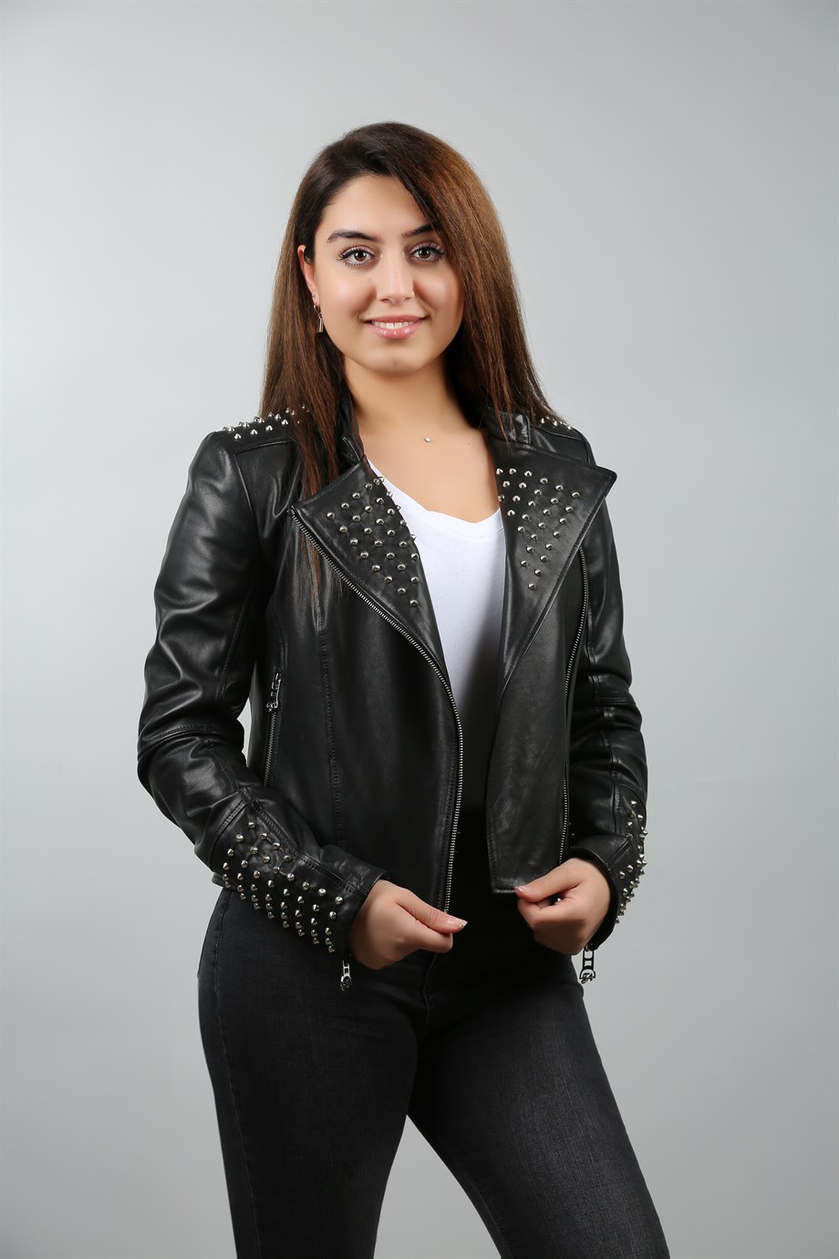 Kadın Gerçek Deri Biker Spor Mont Trok Siyah BK-382-17605 FA1