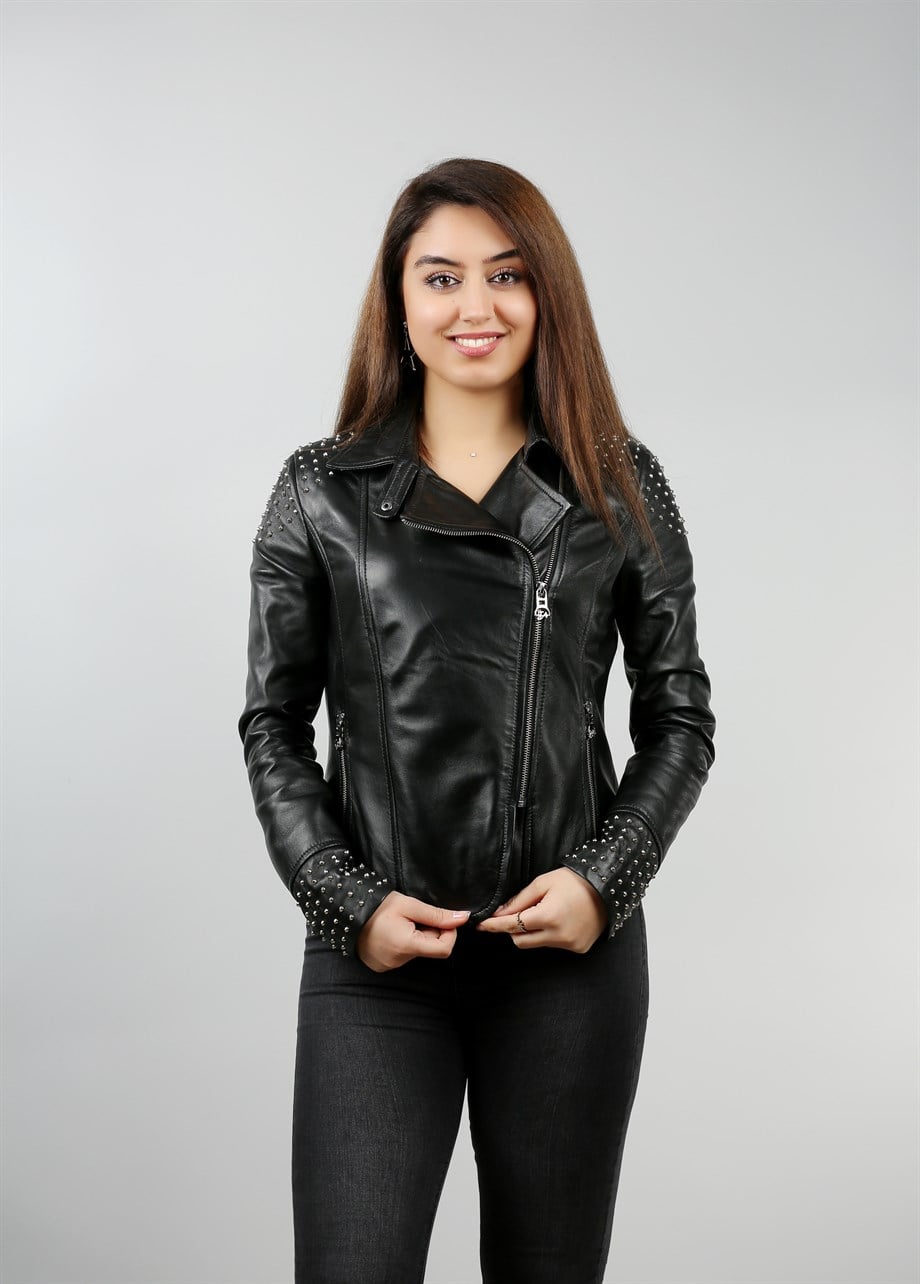 Kadın Gerçek Deri Biker Spor Mont Trok Siyah BK-686-17633 FA1