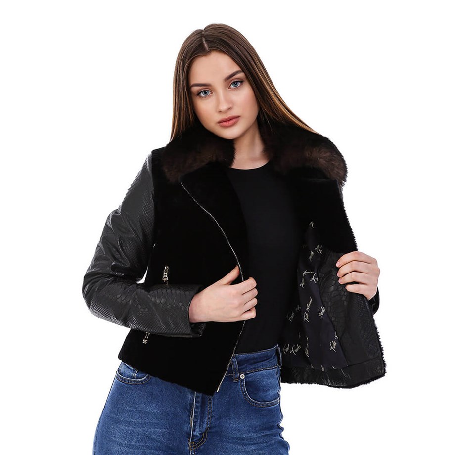 Kadın Gerçek Deri Klasik Biker Ceket Siyah BK-930-20053 FA5