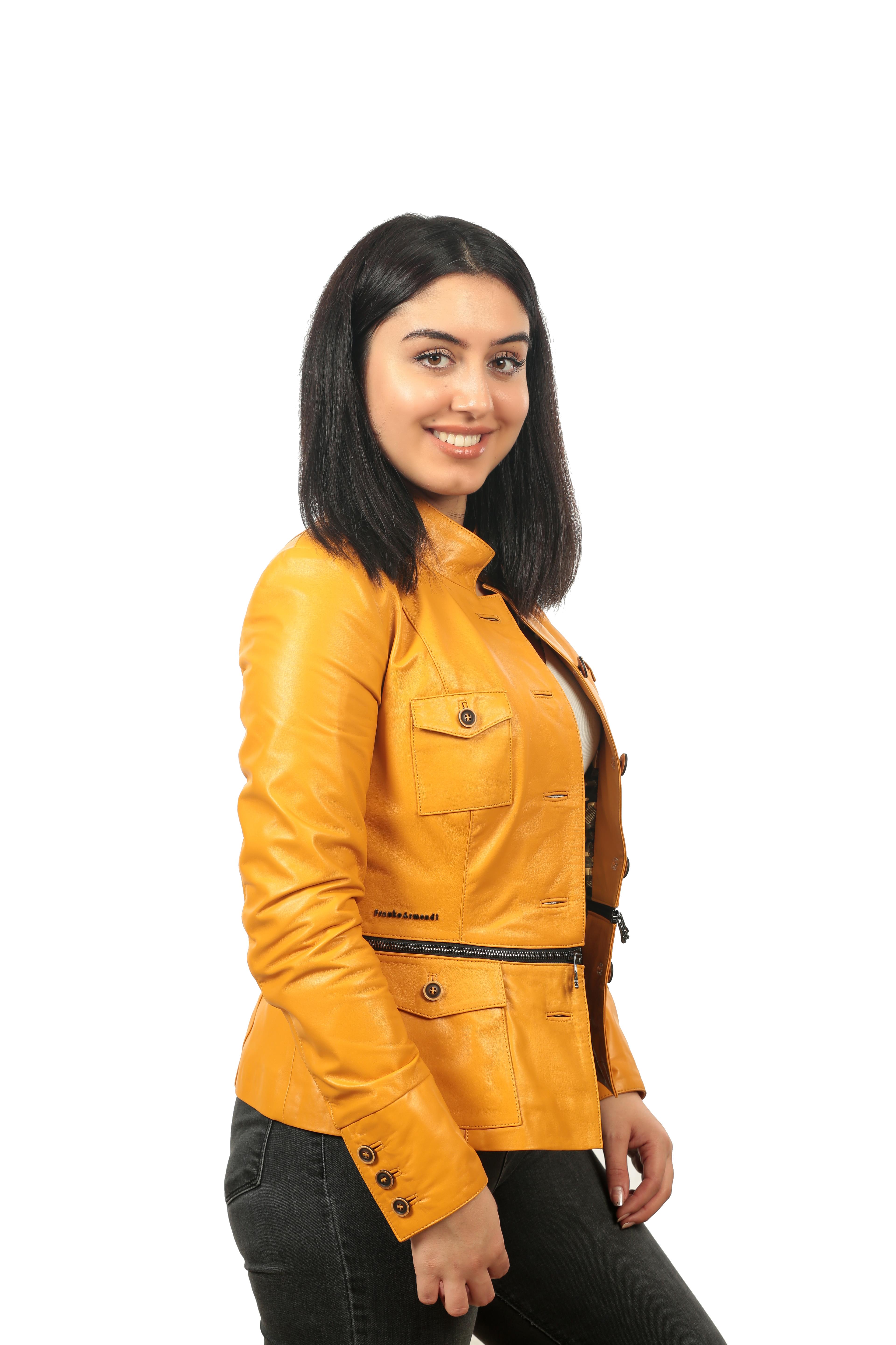 Women's Genuine Leather Classical Jacket  Yellow BK-796-19432 FA2