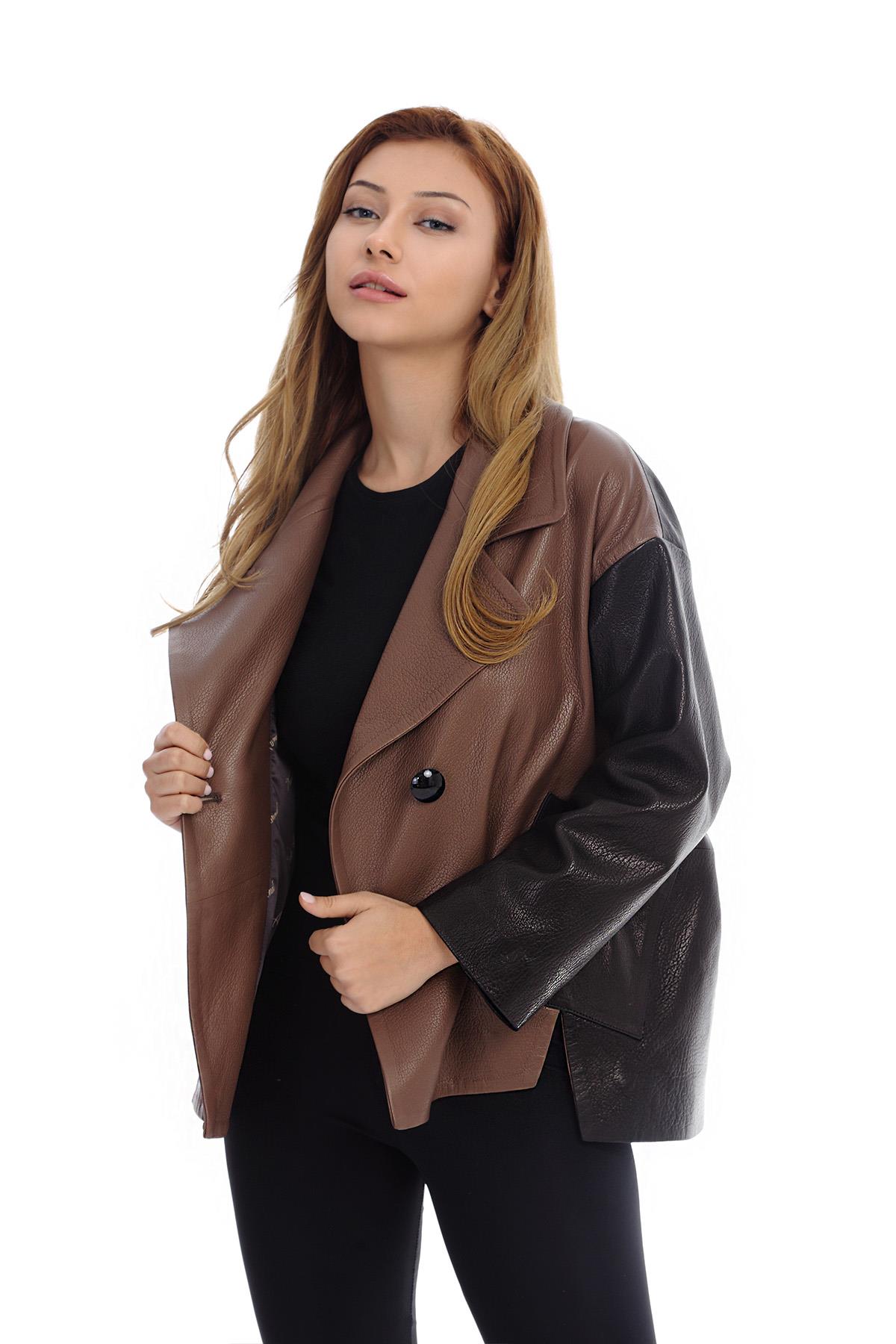 Kadın Gerçek Deri Klasik Ceket Oversize Kahve-Siyah BK-1288-19633 FA2