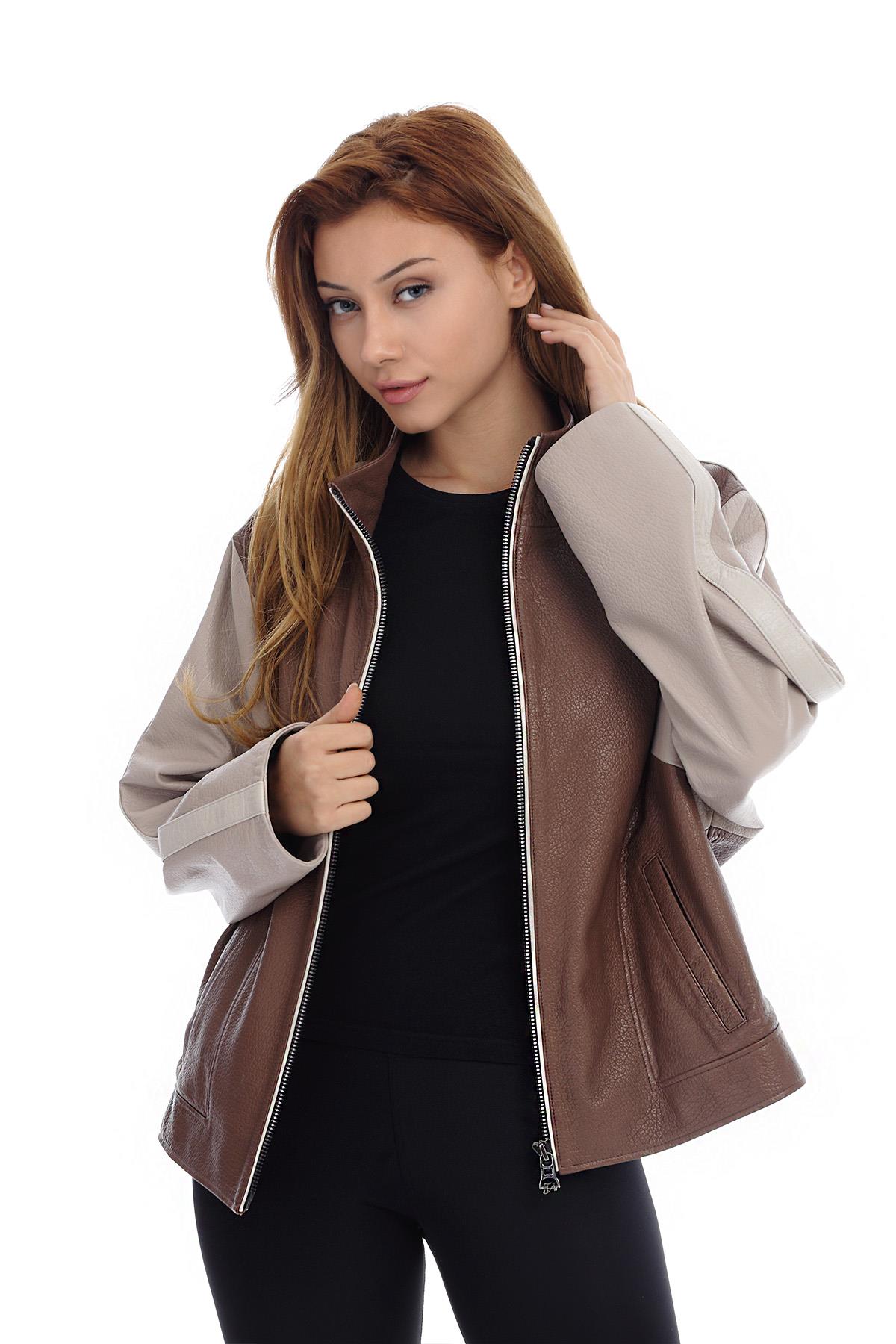 Kadın Gerçek Deri Klasik Ceket Oversize Kahve-Bej BK-1429-19632 FA2